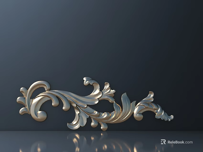 Ornate Scroll Leaf Carving Design On Dark Background With Reflection 3d model