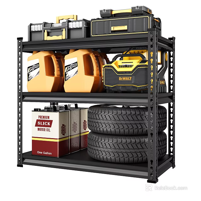 Black Metal Storage Shelf with Toolboxes Oil Drums Motor Oil Containers and Tires 3d model 