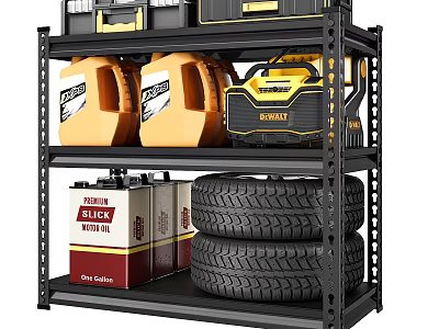 Black Metal Storage Shelf with Toolboxes Oil Drums Motor Oil Containers and Tires 3d model