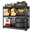 Black Metal Storage Shelf with Toolboxes Oil Drums Motor Oil Containers and Tires