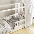 White House Shaped Children's Bed With Star Decorations Curtains Gray Bedding Pillows And Green Plant