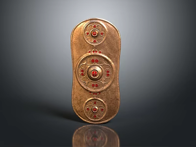 Golden Medieval Shield With Red Gemstones And Intricate Decorative Patterns 3d model