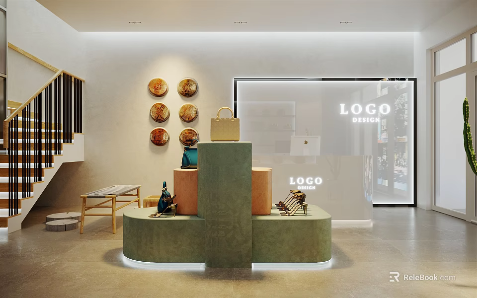 Modern Minimalist Boutique Interior With Green Display Stand Handbags Shoes Round Wall Decor And Staircase 3d model 