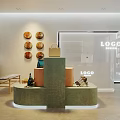 Modern Minimalist Boutique Interior With Green Display Stand Handbags Shoes Round Wall Decor And Staircase
