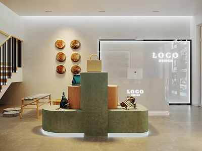 Modern Minimalist Boutique Interior With Green Display Stand Handbags Shoes Round Wall Decor And Staircase 3d model