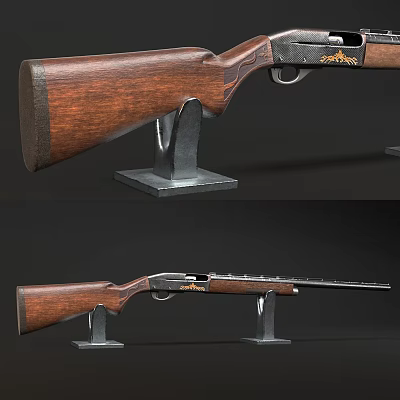 Vintage Rifle With Wooden Stock And Metal Components On Display Stand 3d model
