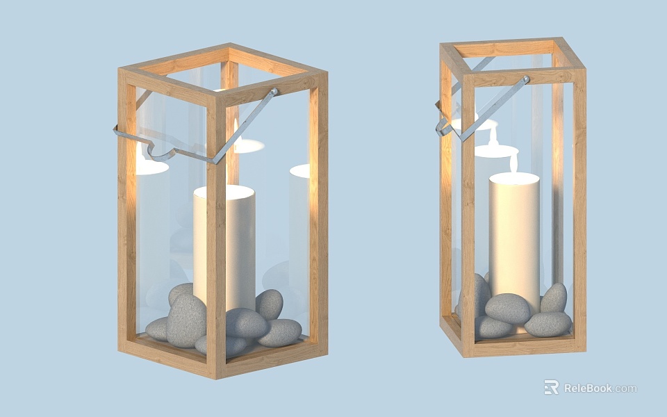 Rustic Wooden Candle Lanterns With Transparent Glass White Candle And Pebbles Inside 3d model 