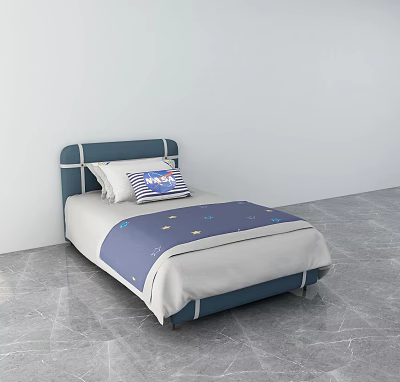 Modern Kids Bed With Blue Headboard And Star Pattern Bedding Set 3d model