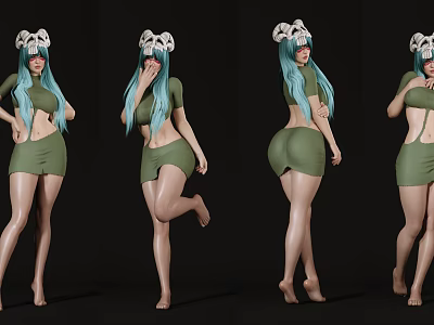 3D Rendered Woman With Turquoise Long Hair Sheep Horn Headpiece Green Short Skirt Different Poses 3d model