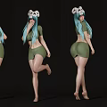 3D Rendered Woman With Turquoise Long Hair Sheep Horn Headpiece Green Short Skirt Different Poses