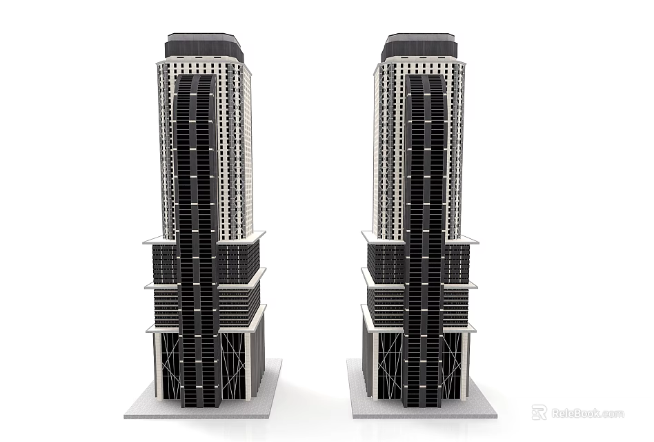 Two Symmetrical Modern Skyscraper Models With Glass Facade And Base Pedestal 3d model 