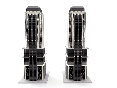 Two Symmetrical Modern Skyscraper Models With Glass Facade And Base Pedestal 3d model