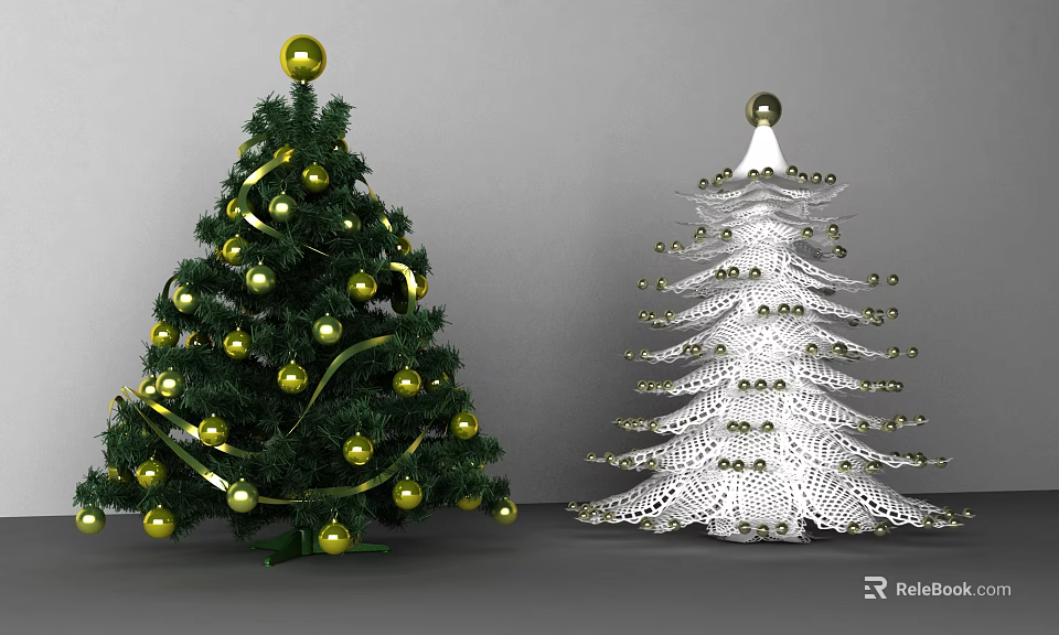 Decorated Green And White Trees With Gold Balls Ribbons And Woven Design 3d model 