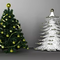 Decorated Green And White Trees With Gold Balls Ribbons And Woven Design