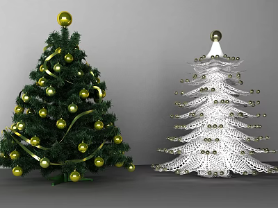 Decorated Green And White Trees With Gold Balls Ribbons And Woven Design 3d model