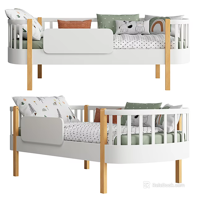 White And Wooden Kids Bed With Safety Railings Decorative Pillows And Patterned Sheets 3d model 