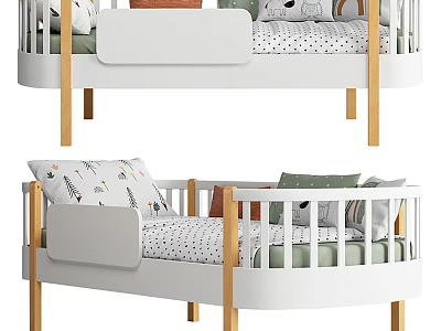 White And Wooden Kids Bed With Safety Railings Decorative Pillows And Patterned Sheets 3d model