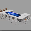 Modern Long Conference Table With Blue LED Display And White Orange Chairs For Meeting Room