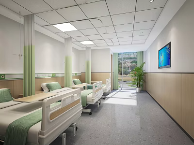 Modern Hospital Ward Interior With Green Curtains Beds TV Indoor Plant And Natural Light 3d model