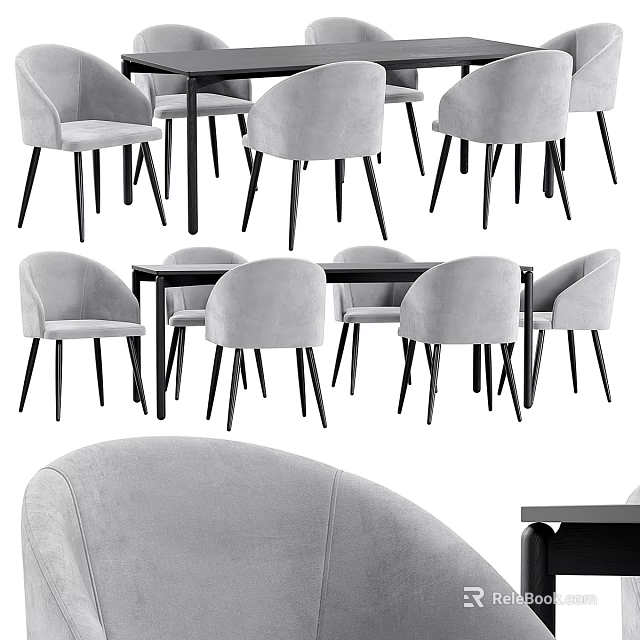 Modern Dining Table Set With Six Grey Velvet Chairs And Black Wooden Table 3d model 