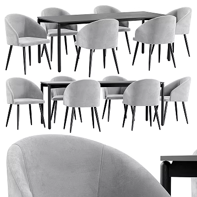Modern Dining Table Set With Six Grey Velvet Chairs And Black Wooden Table 3d model
