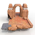 Rock Scene Component Featuring Archway Stone Pillars Red Ground And Gray Platform