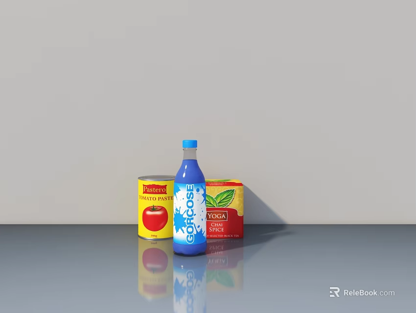 Blue Bottle Yellow Tomato Can And Red Mint Box On Gray Tabletop With Gray Wall 3d model 