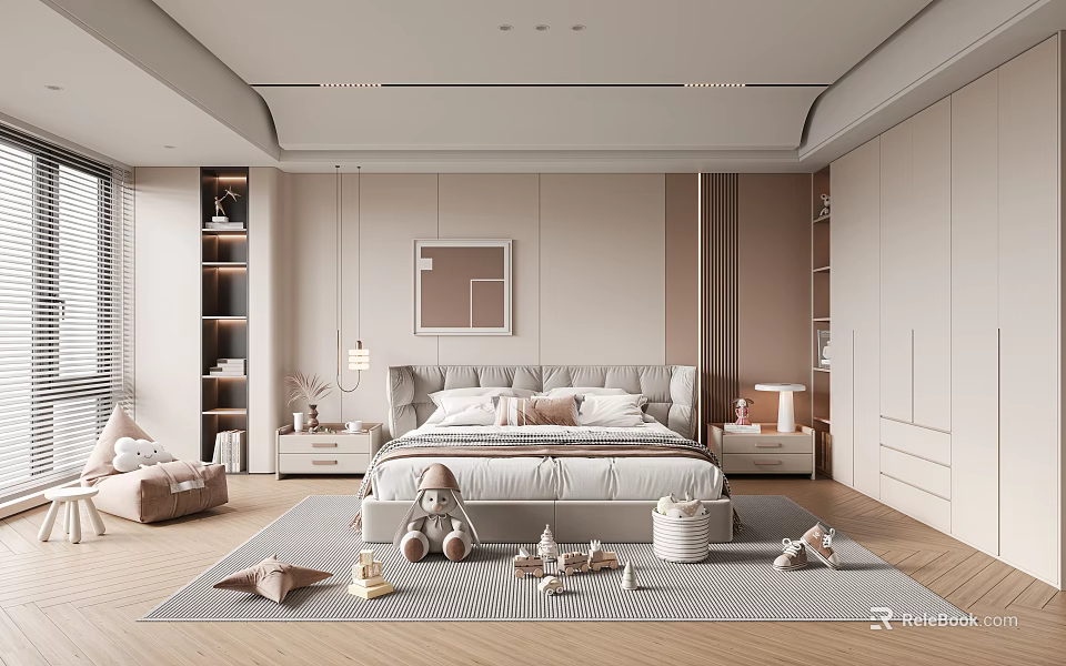Modern Bedroom Interior With Bed Built-in Wardrobes Stuffed Toys on Striped Carpet and Ceiling Lights 3d model 