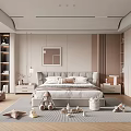 Modern Bedroom Interior With Bed Built-in Wardrobes Stuffed Toys on Striped Carpet and Ceiling Lights