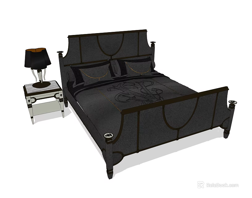 Double Bed With Dark Frame Floral Pattern Bedding And White Nightstand Black Lamp 3d model 