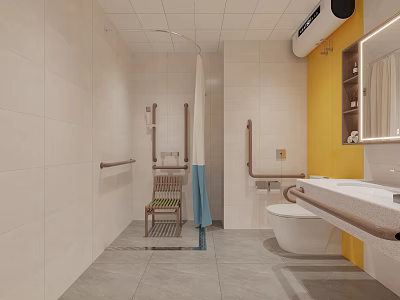 Staff Office Accessible Restroom With Tiled Walls Grab Bars Toilet And Yellow Accent Wall 3d model