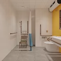 Staff Office Accessible Restroom With Tiled Walls Grab Bars Toilet And Yellow Accent Wall