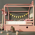 Pink House Shaped Kids Bed With Owl Decoration Bunting Flags And Storage Drawers