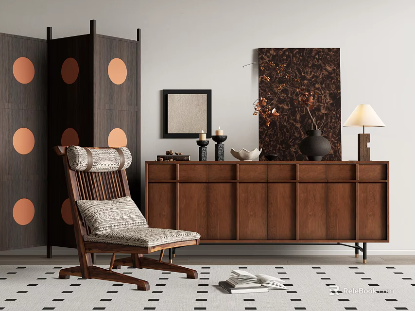 Modern Wooden Entryway Console Table With Accent Chair Patterned Rug Room Divider And Table Lamp 3d model 