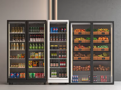 Spacious Commercial Refrigerators Freezers Stocked With Various Beverages Fresh Fruits Vegetables And Bottled Drinks 3d model