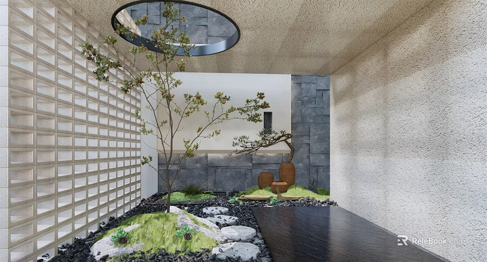 Elegant Courtyard Garden Design With Small Tree Stone Path Green Moss And Wooden Lattice 3d model 