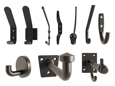 Various Black Metal Hooks With Different Shapes And Wall Mounted Designs 3d model