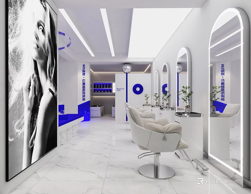 Modern Beauty Hair Salon With White Chairs Mirrors Marble Floor Large Photo And Blue Accents 3d model 