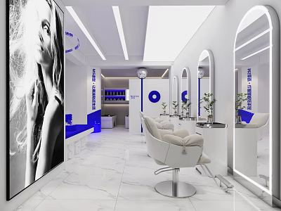 Modern Beauty Hair Salon With White Chairs Mirrors Marble Floor Large Photo And Blue Accents 3d model