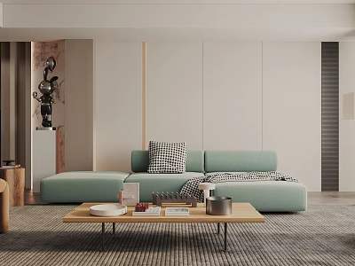 Modern Living Room Interior With Light Green Sofa Geometric Cushions And Wooden Coffee Table 3d model
