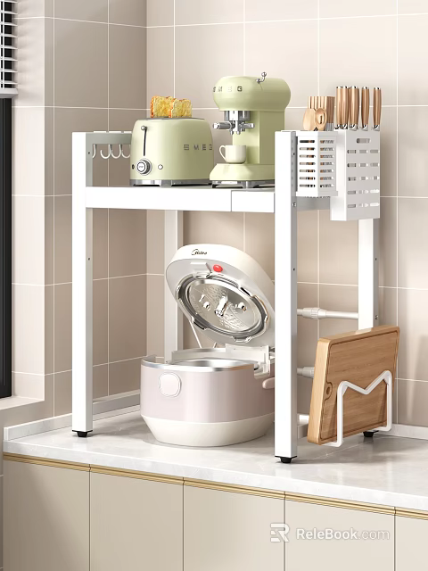 White Kitchen Shelf With Cookware Rice Cooker And Cutting Board 3d model 