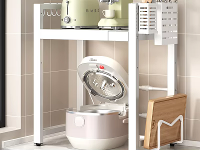 White Kitchen Shelf With Cookware Rice Cooker And Cutting Board 3d model
