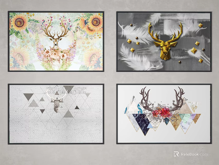 Artistic Deer Animal Paintings With Sunflowers Geometric Shapes And Golden Accents 3d model 