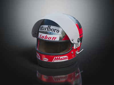 Racing Helmet With Marlboro Labatt N12 Brand Logos Stylish Red And White Design 3d model