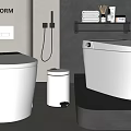 Modern White Toilets In Contemporary Bathroom With Trash Bin Shelf Towels And Toiletries