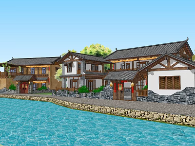 Traditional Chinese Style Residential Houses By Water With Green Plants And Stone Walls 3d model