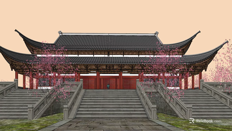 Traditional Chinese Ancient Architecture With Black Roof Red Doors Pillars Stone Steps And Pink Flowering Trees 3d model 