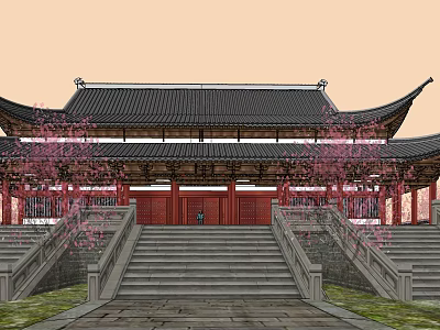 Traditional Chinese Ancient Architecture With Black Roof Red Doors Pillars Stone Steps And Pink Flowering Trees 3d model