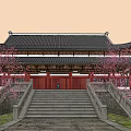 Traditional Chinese Ancient Architecture With Black Roof Red Doors Pillars Stone Steps And Pink Flowering Trees