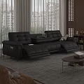 Black Leather Reclining Sofa and Coffee Table Set in Modern Living Room with Curtains